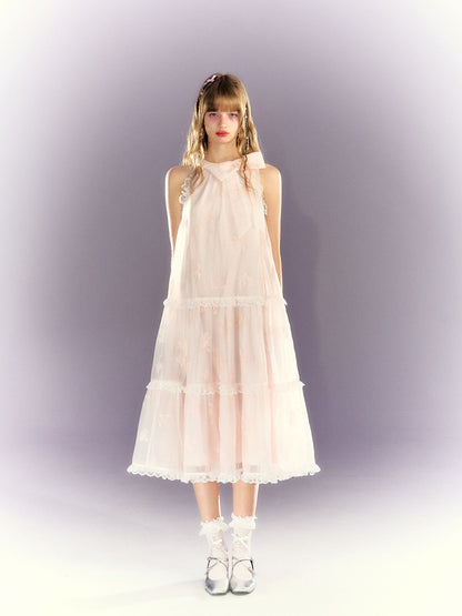 Frill lace sheer ribbon tiered dress