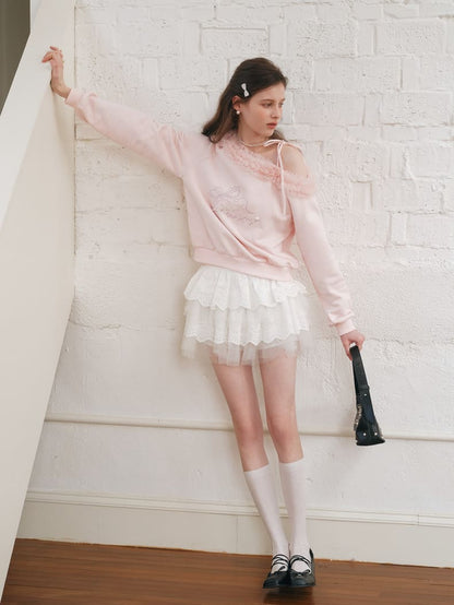 Graceful Ribbon Off-Shoulder Sweatshirt