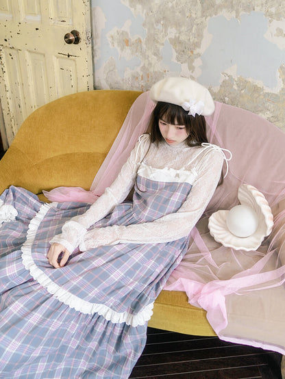 Creamy Checked Double Frill Dress