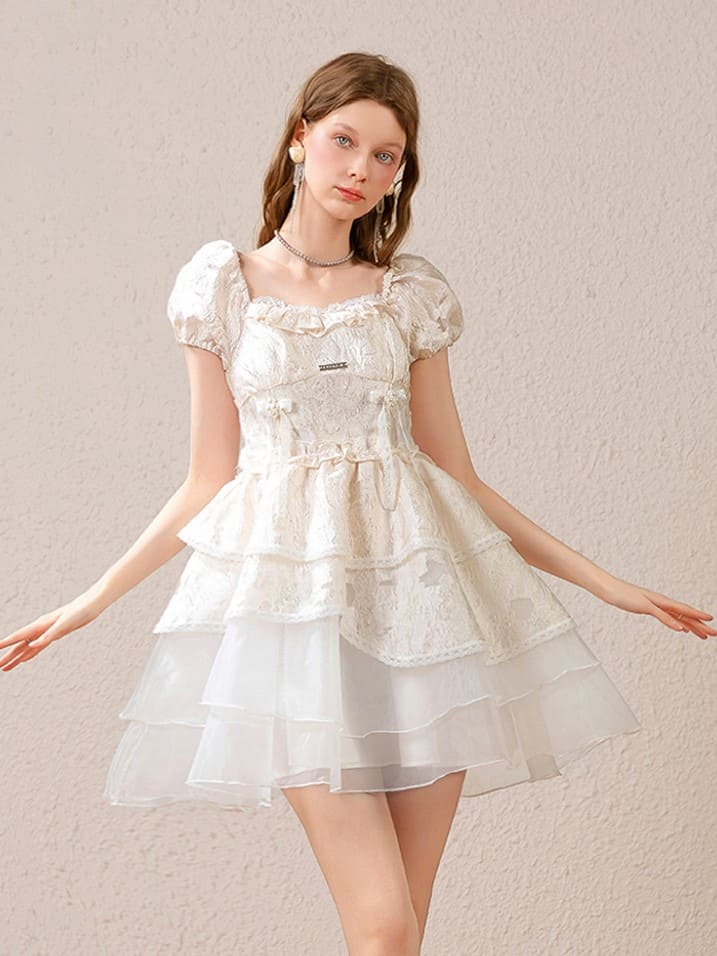 Silver Plate & Back Ribbon Tiered Dress（全2色）