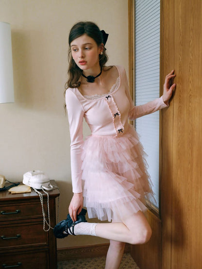 Elegant Lace Trim Ribbon Tulle Dress
