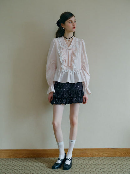 Romantic Lace Frill Tie Blouse