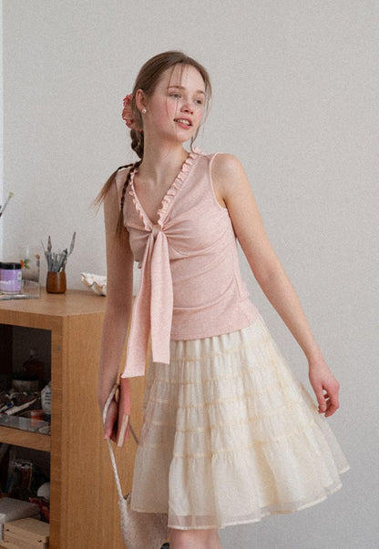 Elegant Ribbon Tie Ribbed Sleeveless Top