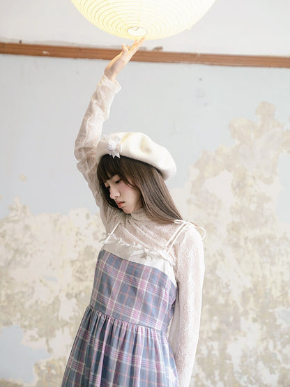 Creamy Checked Double Frill Dress