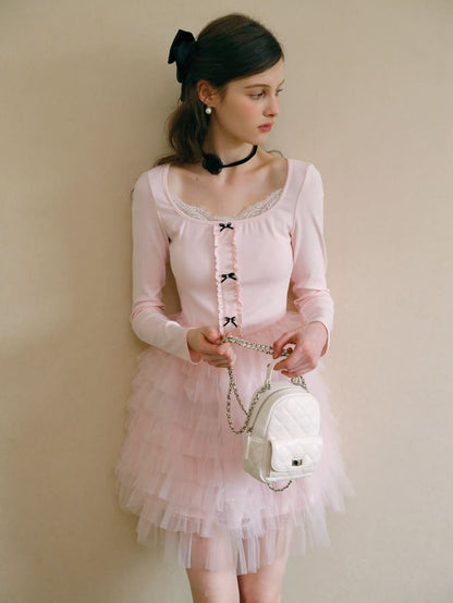 Elegant Lace Trim Ribbon Tulle Dress