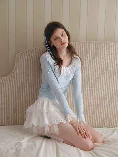 Powder Blue Heart Jacquard Frill Top