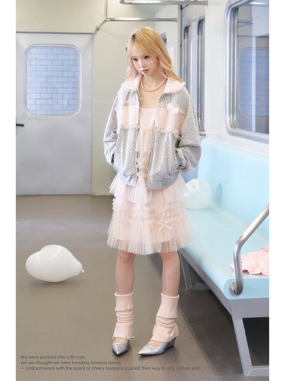 Soft Gray Tulle Layer Zip Blouson