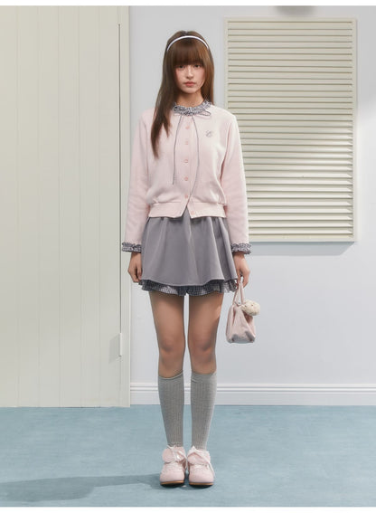 Gingham Ribbon Collar Knit Cardigan（全2色）