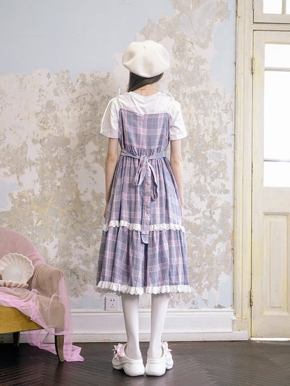 Creamy Checked Double Frill Dress