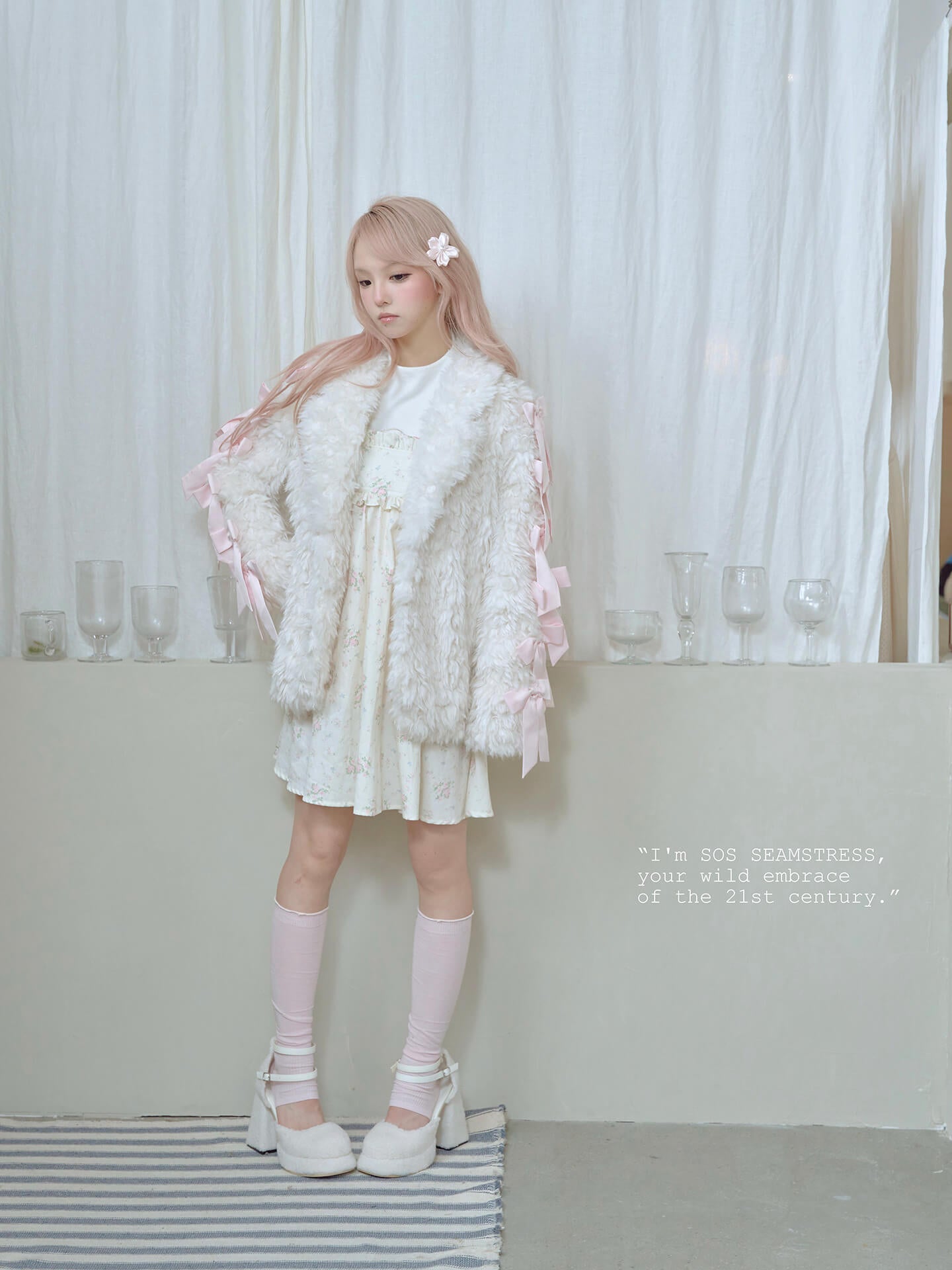 Romantic Ribbon Snowy Fur Coat