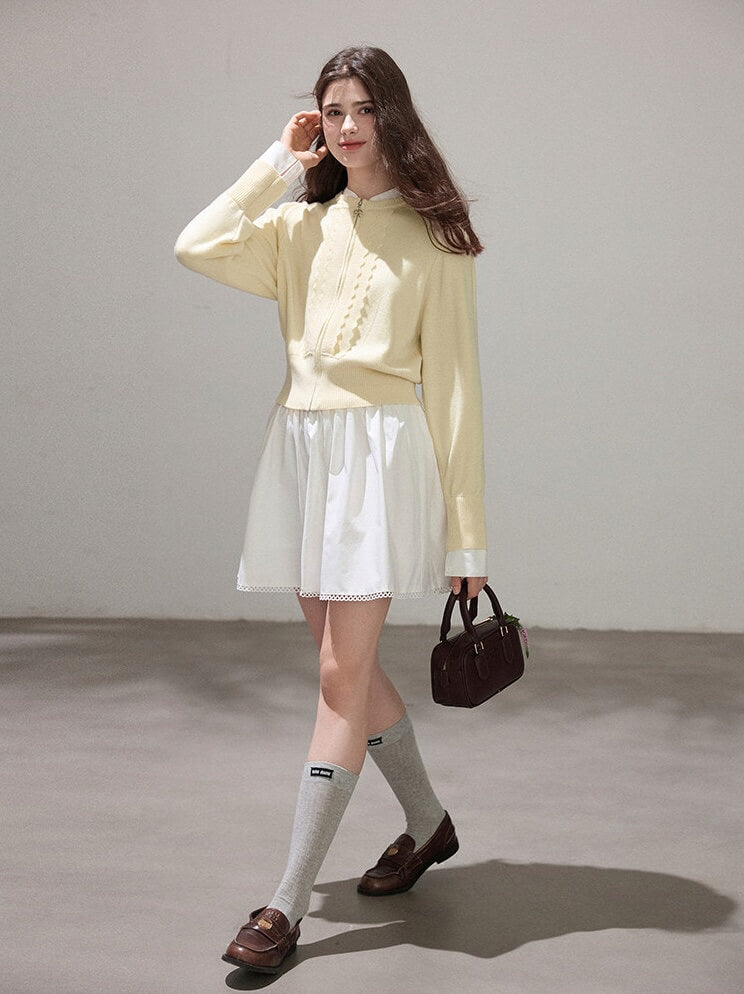 Refined Lace-Line Zip Knit Cardigan