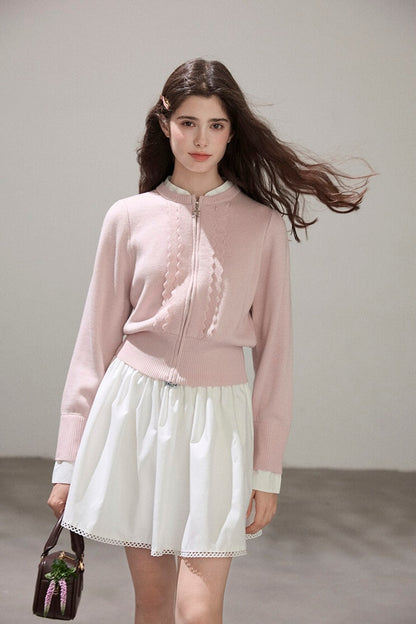 Refined Lace-Line Zip Knit Cardigan