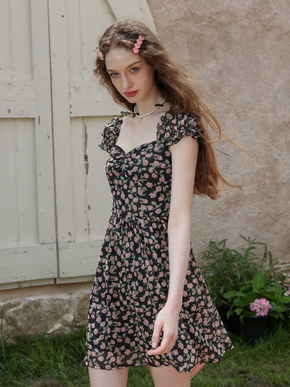 Classical Rose Puff Sleeve Black Dress