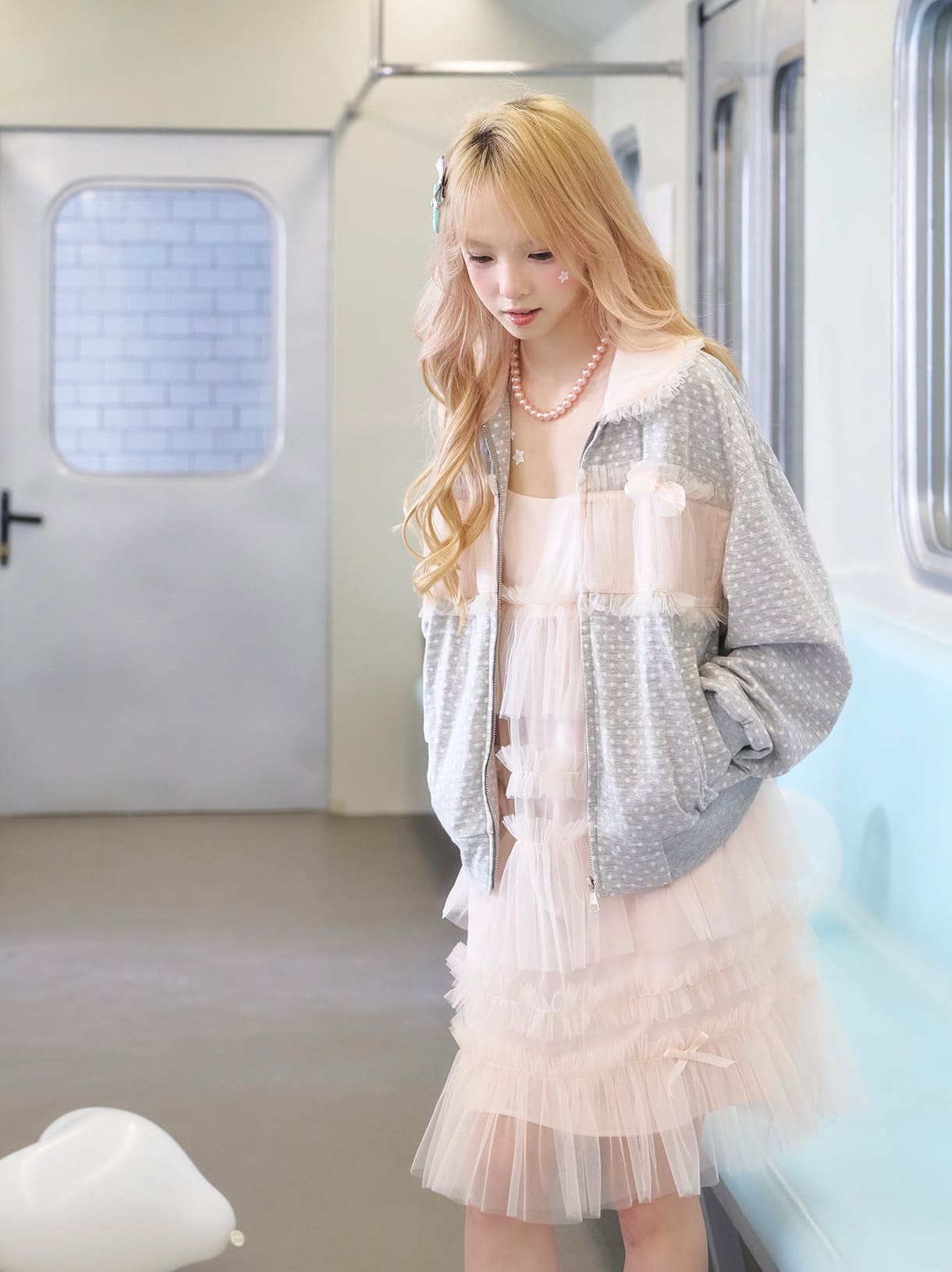 Soft Gray Tulle Layer Zip Blouson