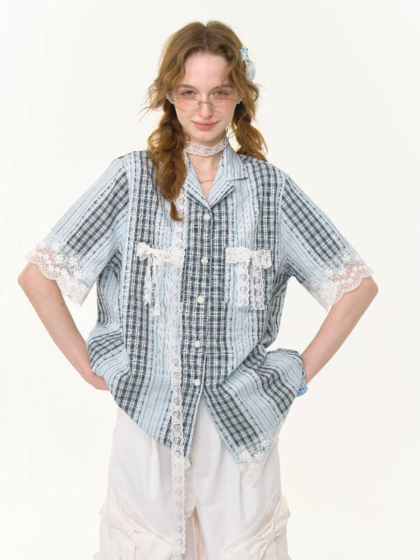 Lace Ribbon Girly Checked Shirt