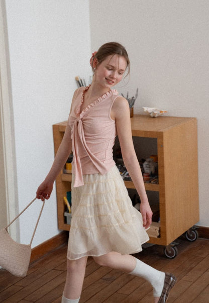 Elegant Ribbon Tie Ribbed Sleeveless Top