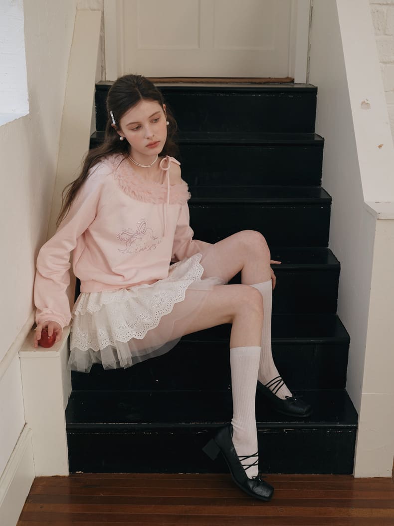 Graceful Ribbon Off-Shoulder Sweatshirt