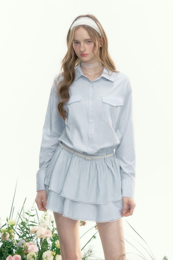 Light Blue Shirt Style Tiered Dress