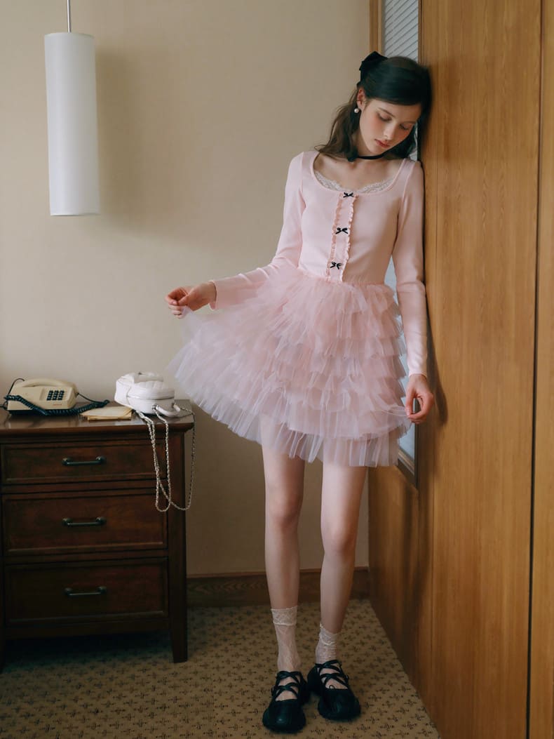 Elegant Lace Trim Ribbon Tulle Dress