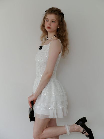 Elegant Sequin Tulle Tiered Mini Dress