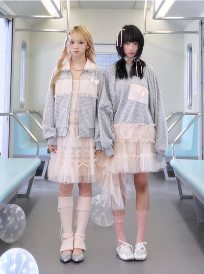 Soft Gray Tulle Layer Zip Blouson