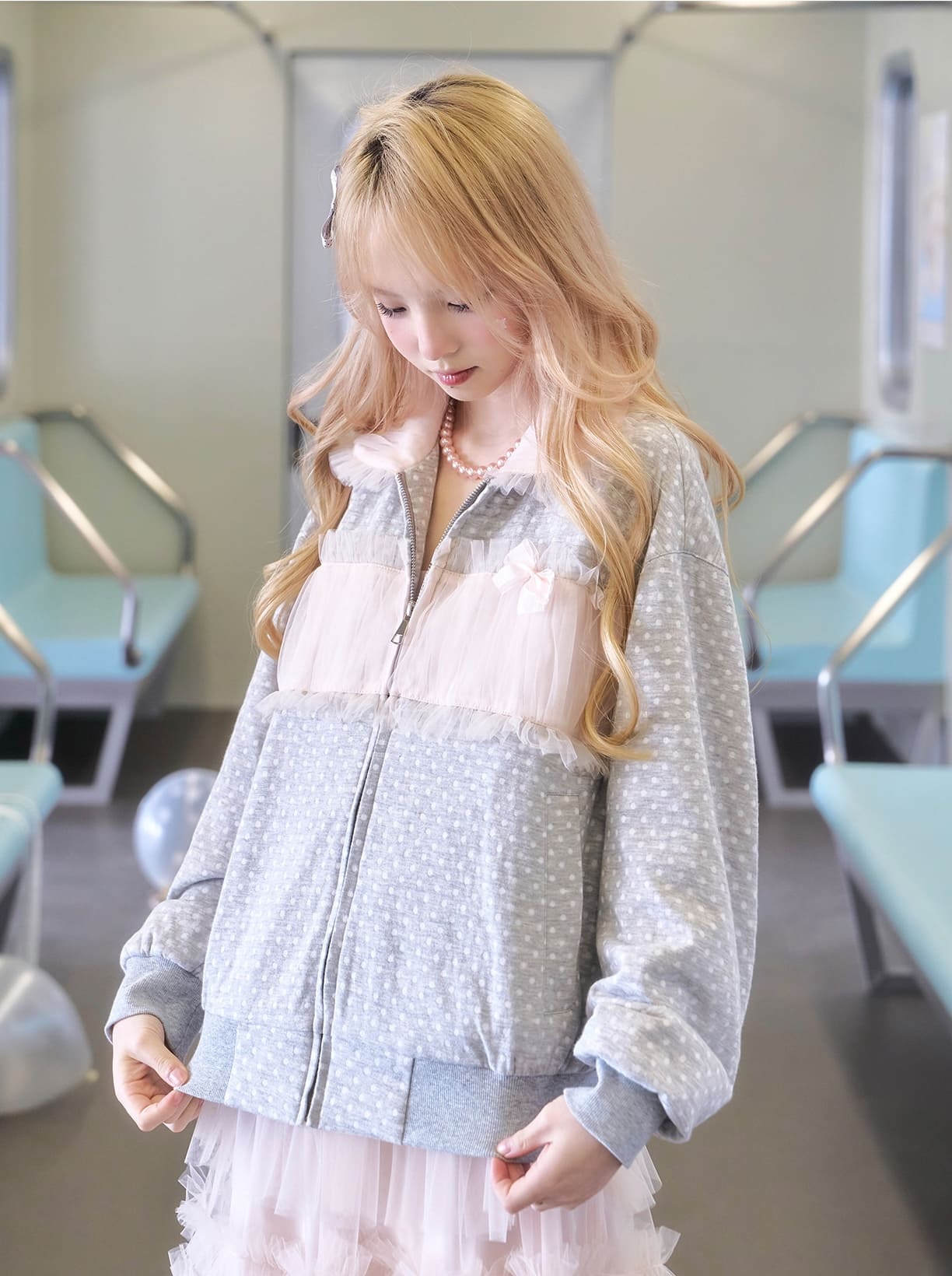 Soft Gray Tulle Layer Zip Blouson