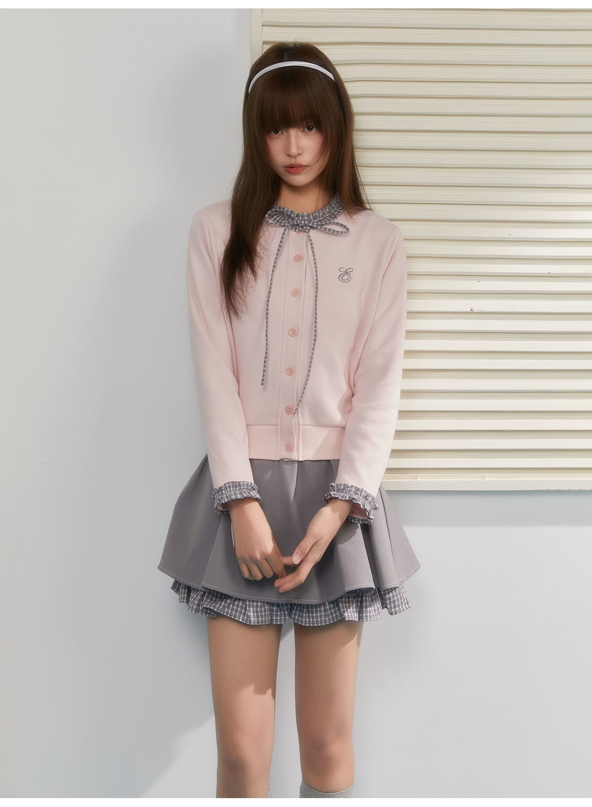Gingham Ribbon Collar Knit Cardigan（全2色）