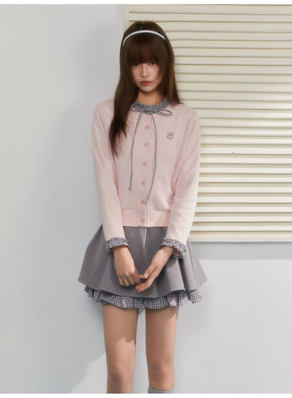 Gingham Ribbon Collar Knit Cardigan（全2色）