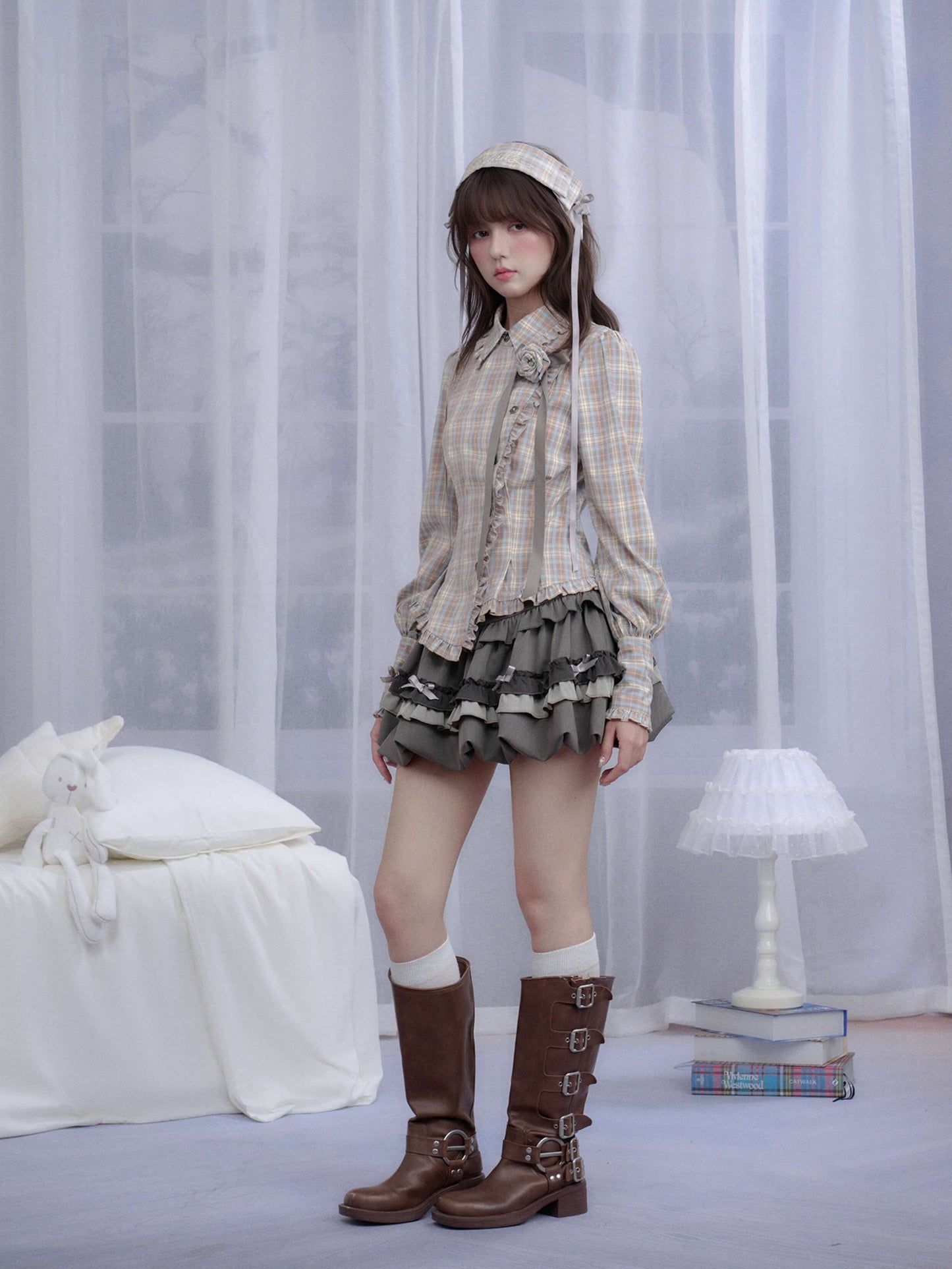 Elegant Plaid Frill Tailored Blouse