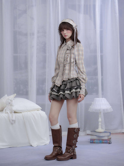 Elegant Plaid Frill Tailored Blouse