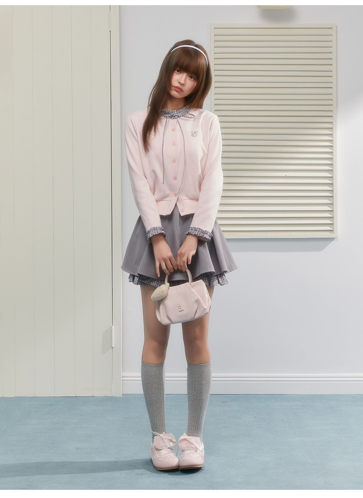 Gingham Ribbon Collar Knit Cardigan（全2色）