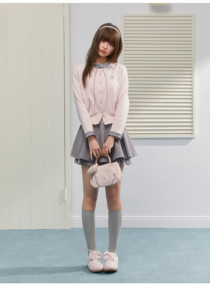 Gingham Ribbon Collar Knit Cardigan（全2色）