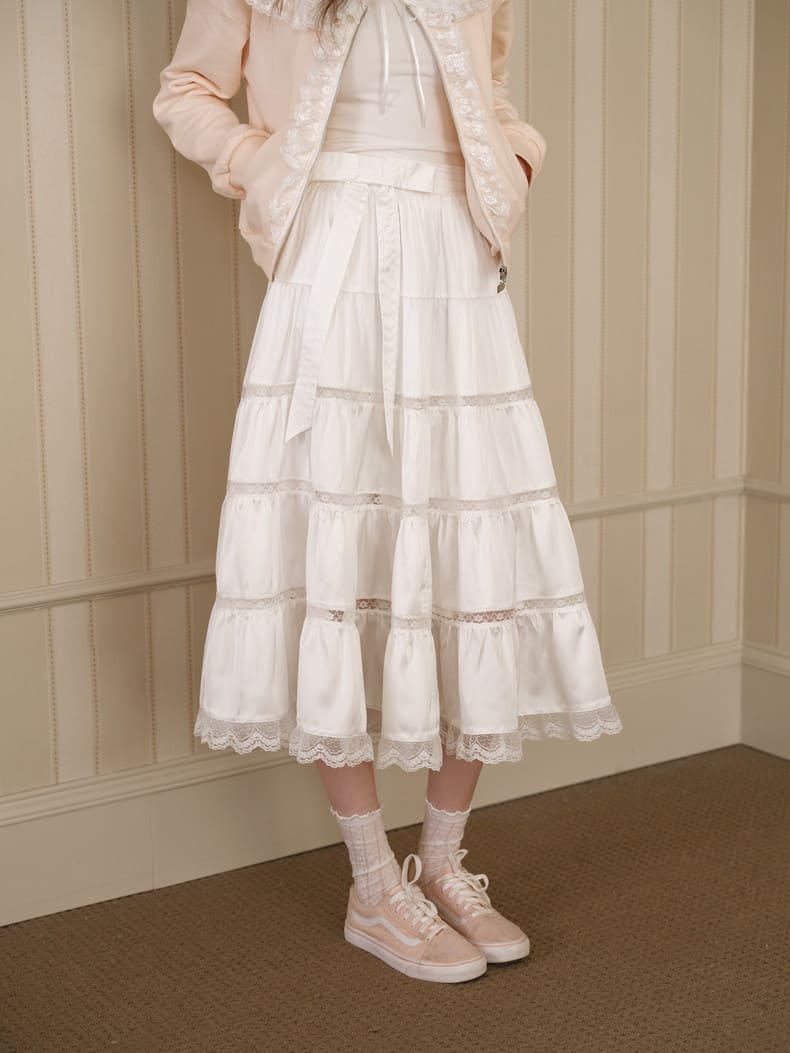 Elegant Lace Flare Satin Skirt