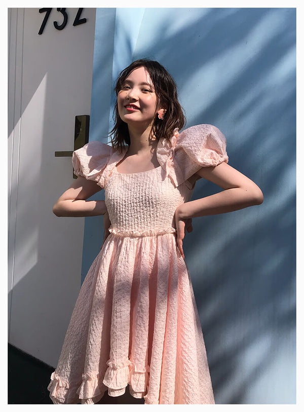 Ribbon Shirring Puffy Dress