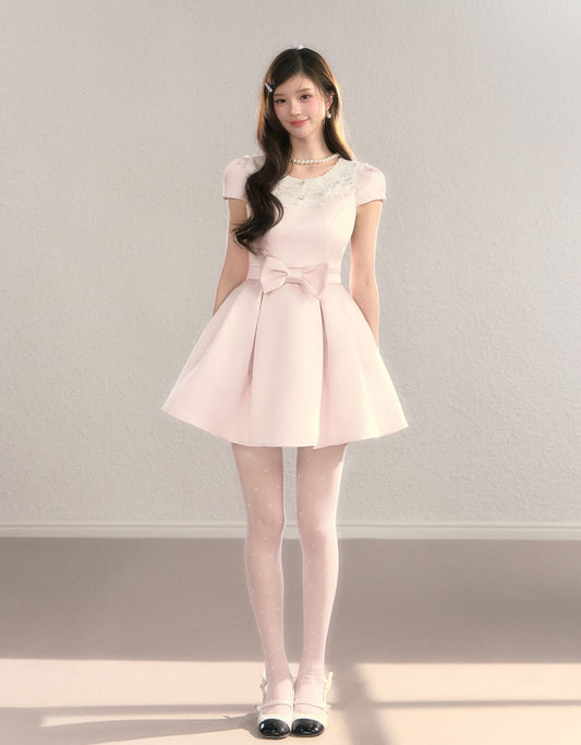 Elegant Lace Collar Ribbon Mini Dress