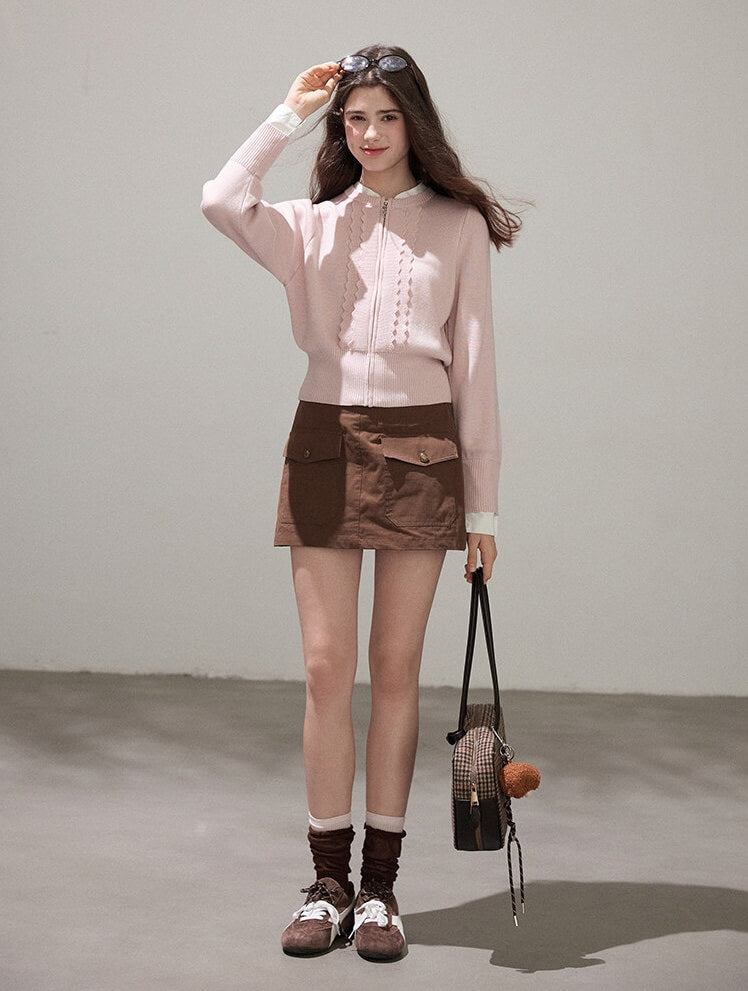 Refined Lace-Line Zip Knit Cardigan