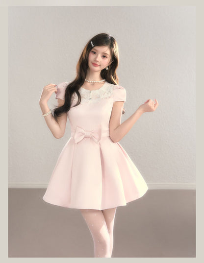 Elegant Lace Collar Ribbon Mini Dress