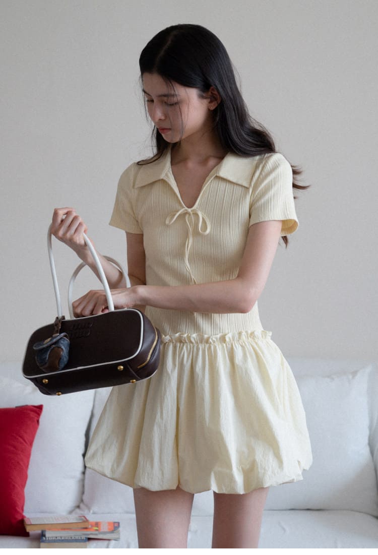 Charming Ribbed Top Balloon Skirt Dress
