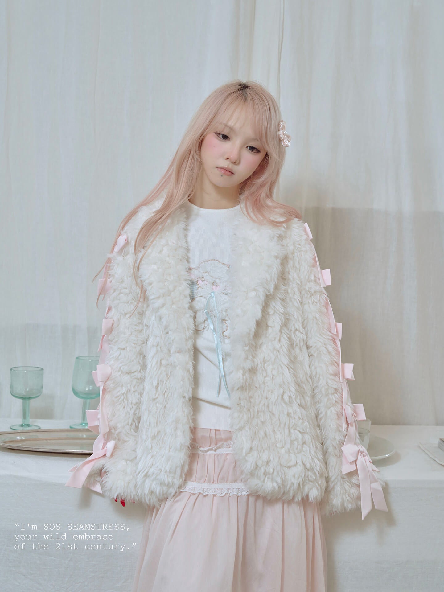 Romantic Ribbon Snowy Fur Coat