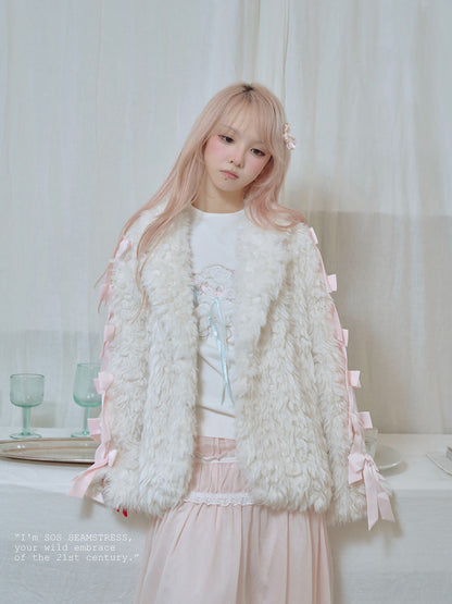 Romantic Ribbon Snowy Fur Coat