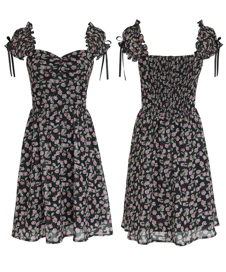 Classical Rose Puff Sleeve Black Dress