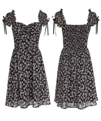 Classical Rose Puff Sleeve Black Dress