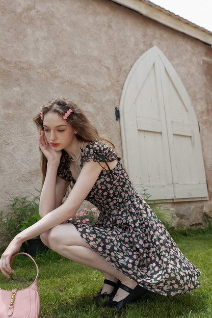 Classical Rose Puff Sleeve Black Dress