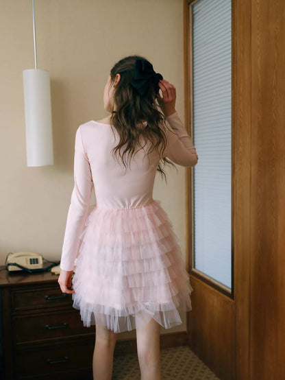Elegant Lace Trim Ribbon Tulle Dress