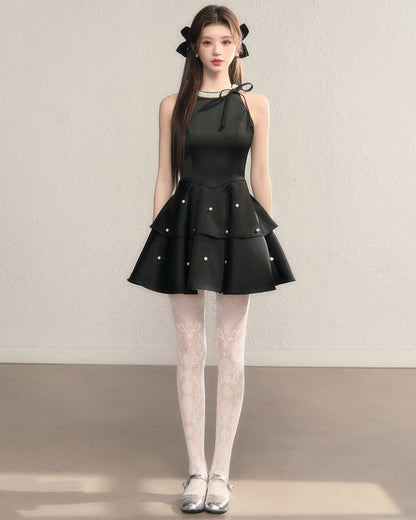Ribbon bijou peplum dress（全2色）