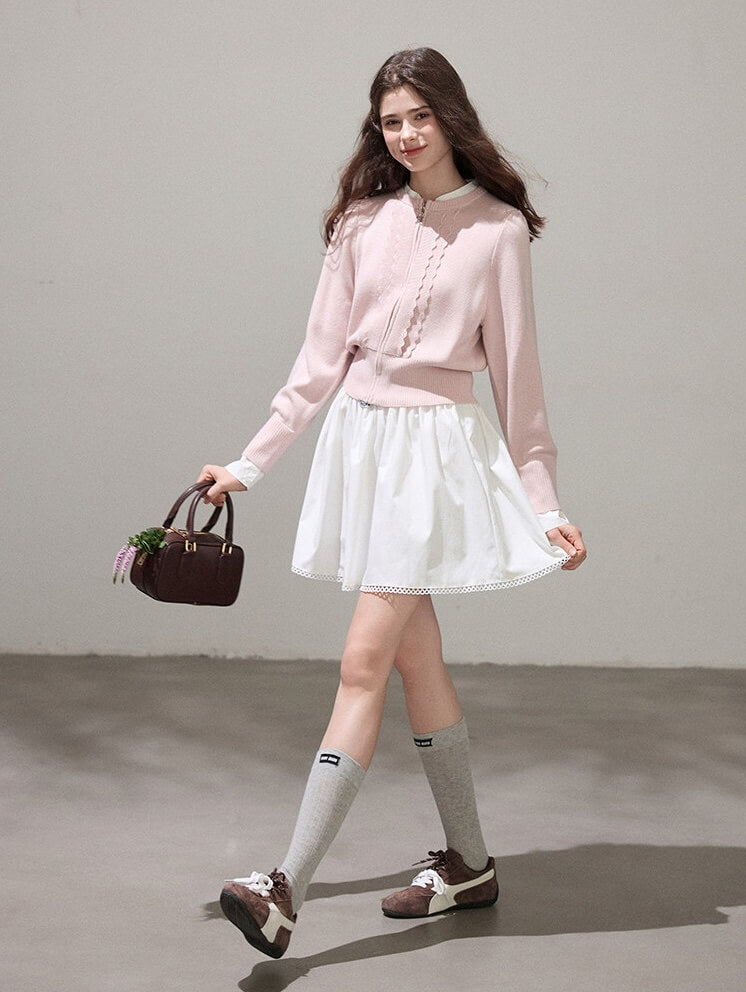 Refined Lace-Line Zip Knit Cardigan