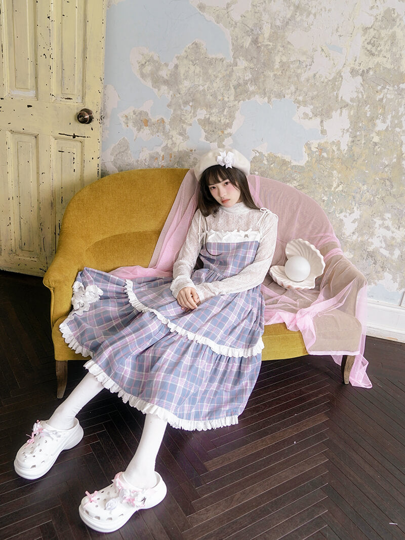 Creamy Checked Double Frill Dress
