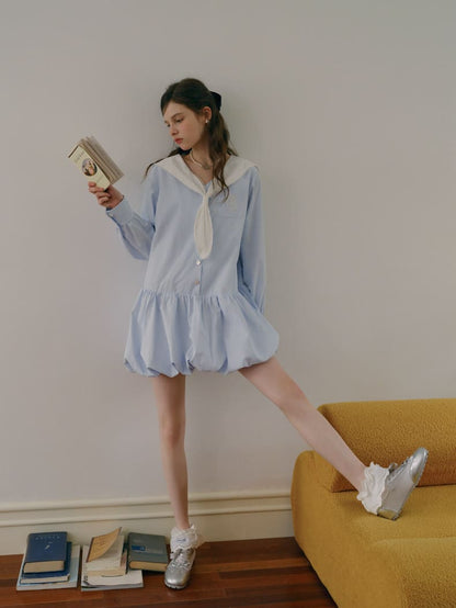 Soft Stripe Sailor Balloon Hem Dress