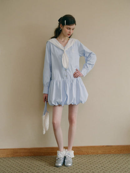 Soft Stripe Sailor Balloon Hem Dress