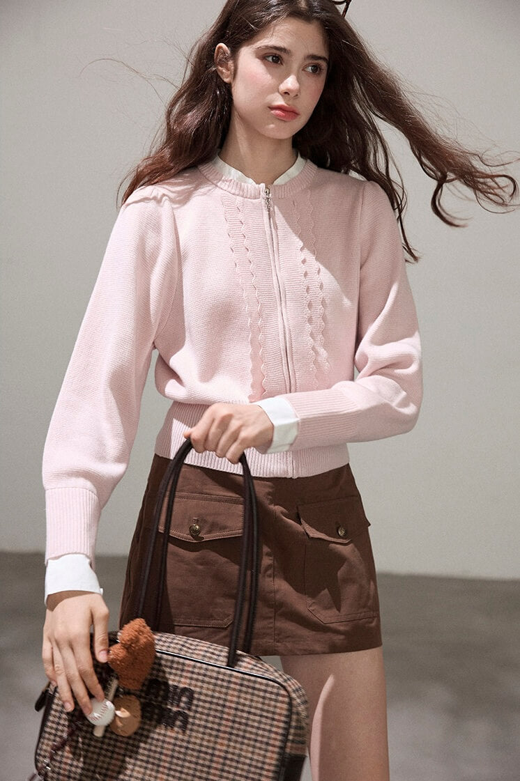 Refined Lace-Line Zip Knit Cardigan